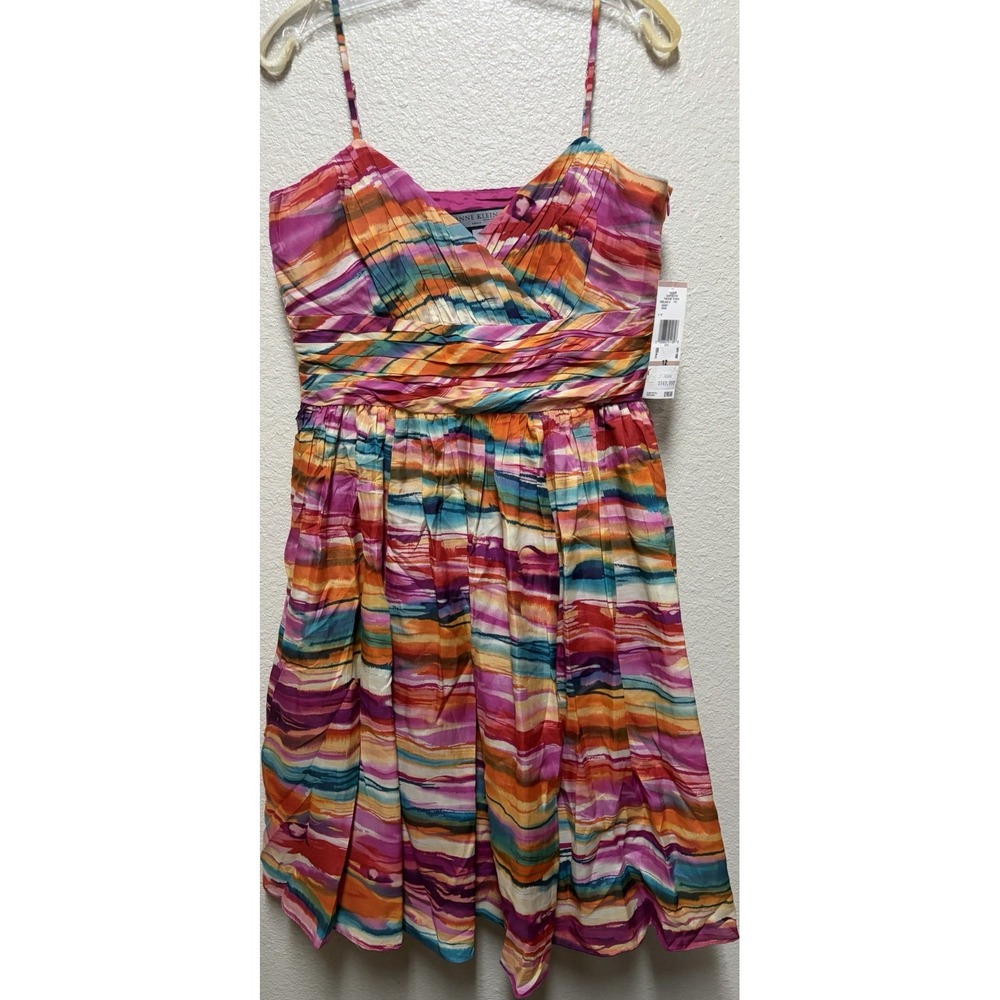 Anne Klein Multicolor Abstract A-Line Dress V-Neck Spaghetti Strap Lined 12